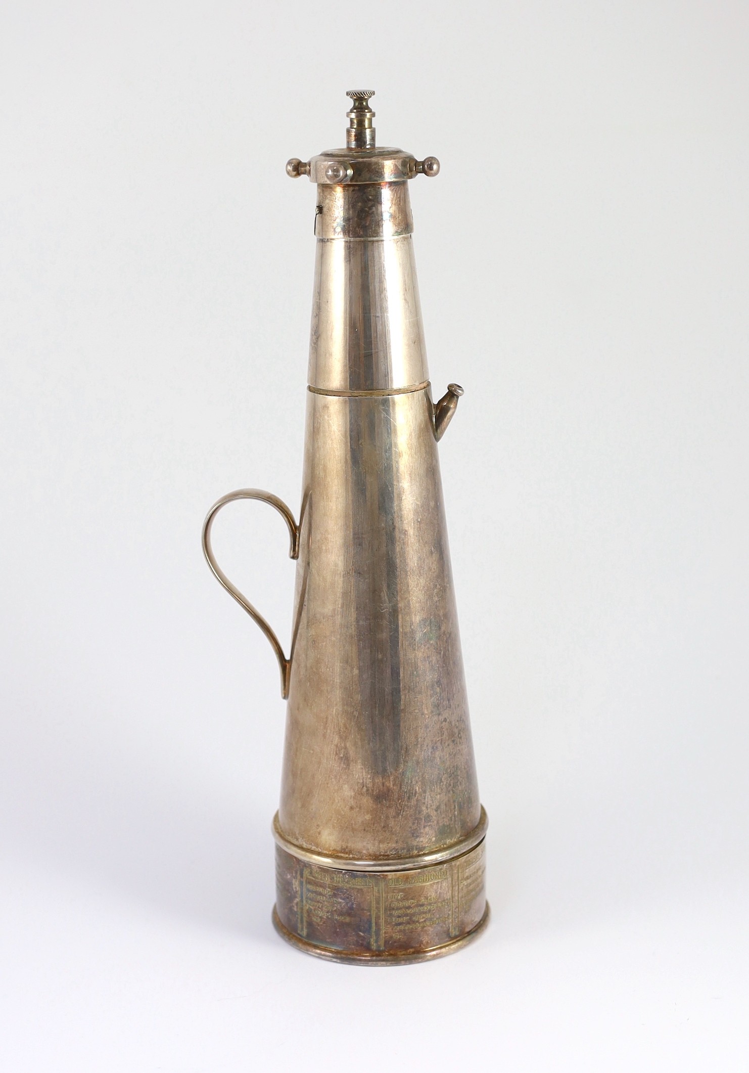 A 1930's Art Deco Asprey & Co novelty silver plated single handled 'The Thirst Extinguisher' cocktail shaker, modelled as a fire extinguisher